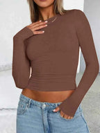 Solid Color Round Neck Long Sleeve T-Shirt THRIXINE