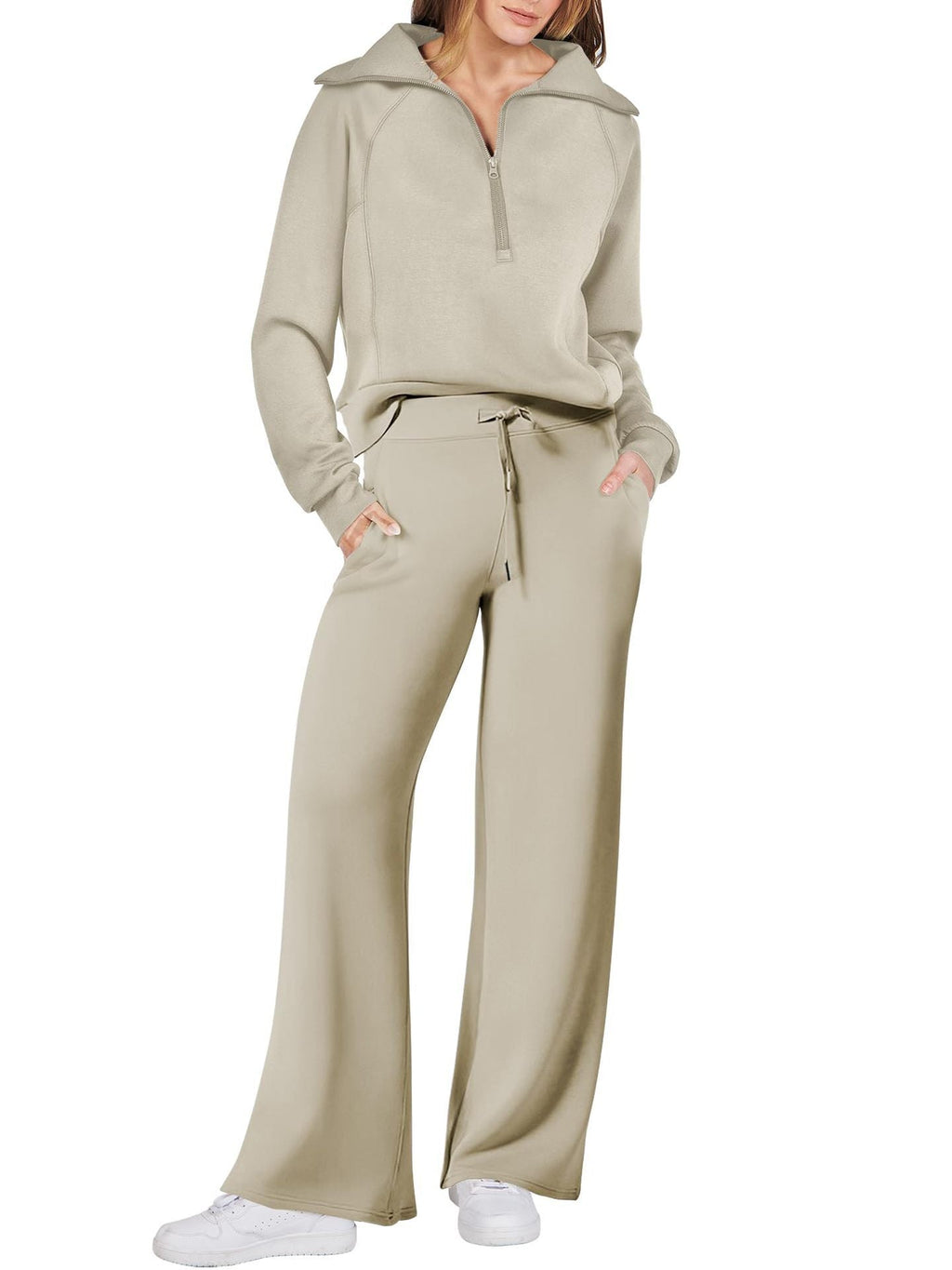 Leisure Sports Suit Long-sleeve Zipper Sweatshirt Wide Leg Pants Two-piece Set Pi-Mart