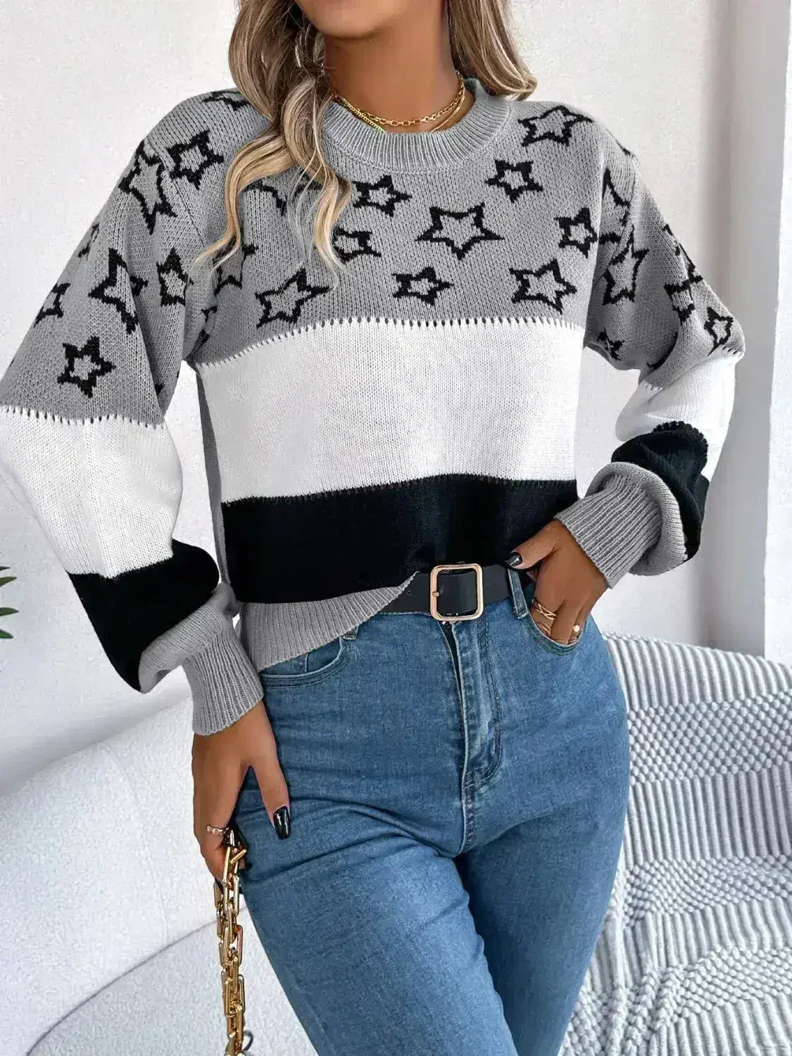 Star Contrast Round Neck Sweater - SJB-DIAMOND ELITES
