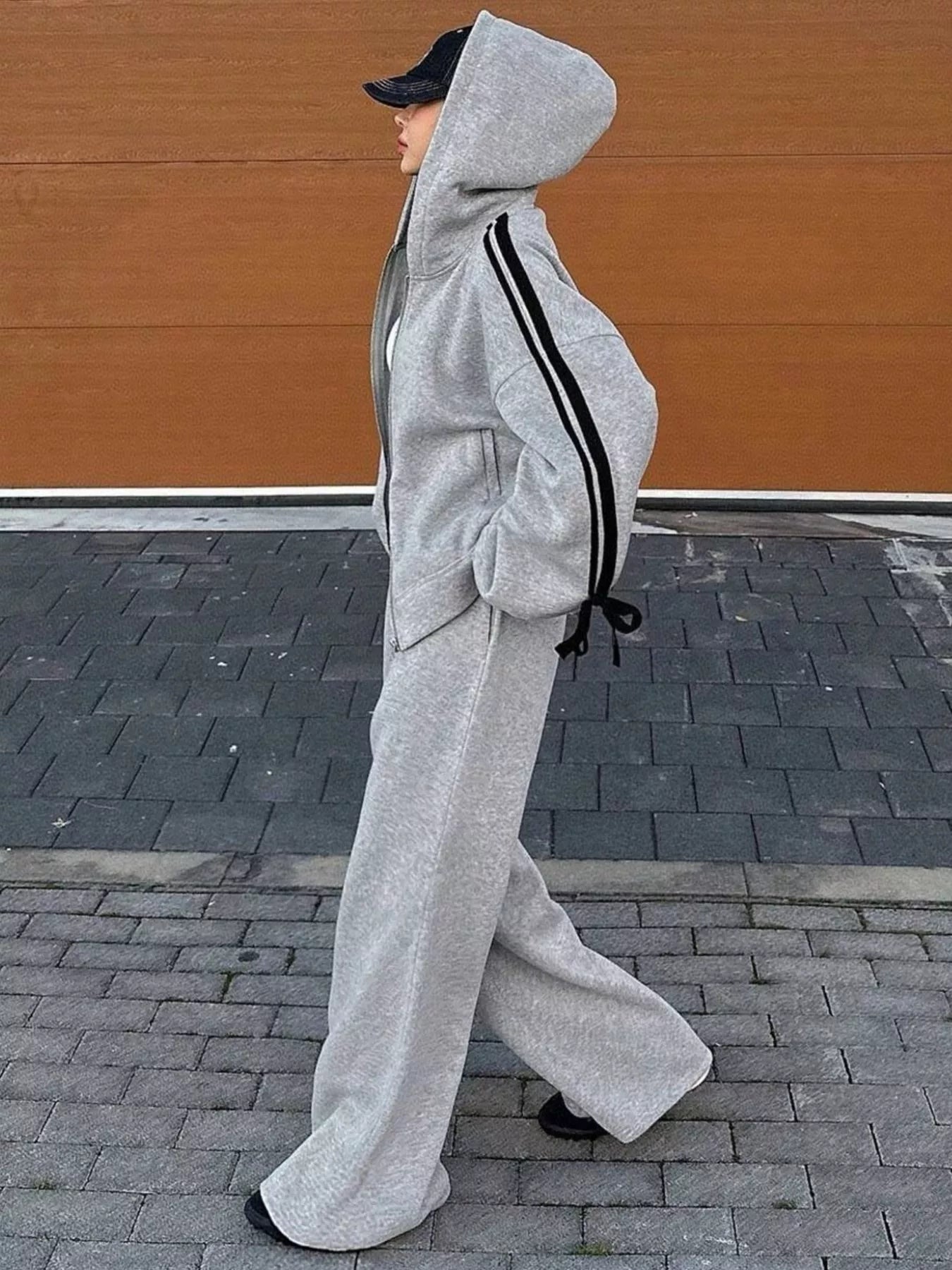 Side Striped Zip Up Hoodie and Pants Set THRIXINE