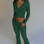 2pcs Knitted Hooded Suits Women's Long-sleeved Cardigan And High Waisted Trousers Clothing Pi-Mart
