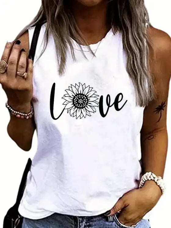 Ladies' Fashionable Sleeveless T-shirt With Personalized Letters, Flowers, Creative Patterns, Printed Casual Round Neck Vest - SJB-DIAMOND ELITES
