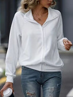 Simple White Zip Up Collared Neck Raglan Sleeve Jacket Comfortable Versatile Casual Women Wear Stevvex