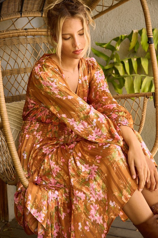 Flower Print Satin Lurex Stripe Smocked Midi Summer Dress – Elegant Midi Dress, Satin Lurex Dress, Floral Dress, Smocked Waist Dress, Romantic Midi Dress, Special Occasion Dress Stevvex