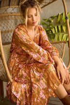 Flower Print Satin Lurex Stripe Smocked Midi Summer Dress – Elegant Midi Dress, Satin Lurex Dress, Floral Dress, Smocked Waist Dress, Romantic Midi Dress, Special Occasion Dress Stevvex