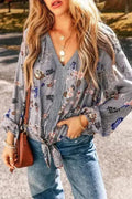 Sky Blue Floral Print Lace Patchwork Knot Front V Neck Blouse - SJB-DIAMOND ELITES
