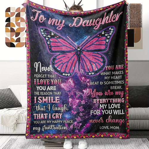 1pc Butterfly Printed Flannel Blanket, To My Daughter From Mom Envelope Blanket For All Season, Warm Cozy Soft Throw Blanket Nap Blanket For Couch Bed Sofa Office Camping Travel Home Decor, Holiday Gift Blanket For Daughter Lootquake LLC
