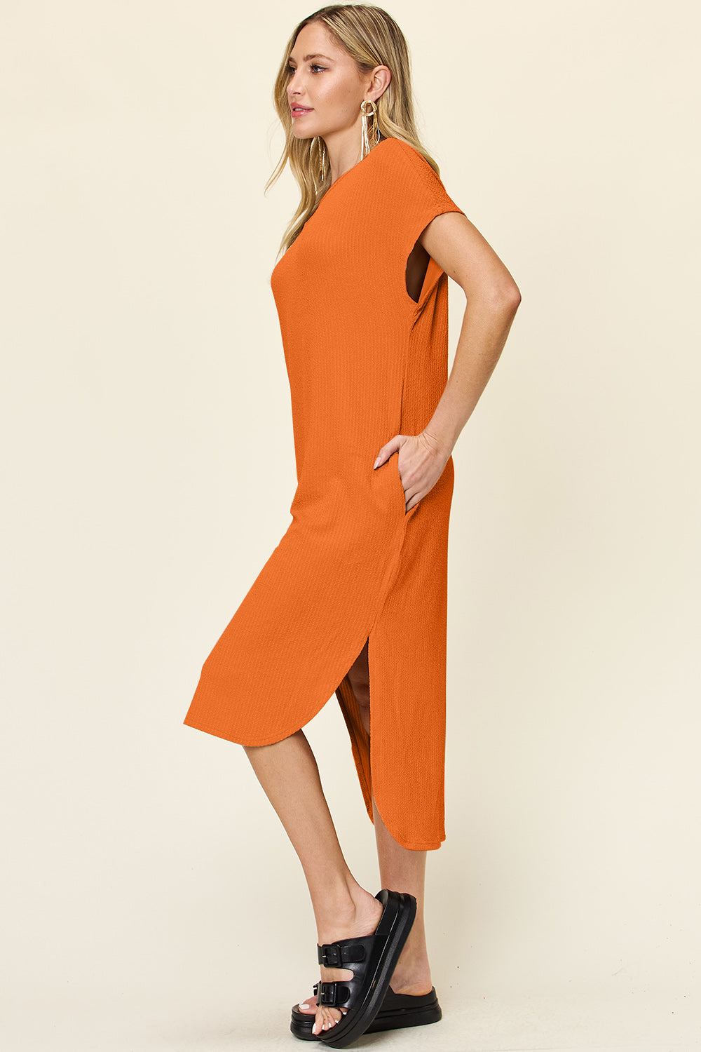 Double Take Full Size Round Neck Short Sleeve Slit Dress Stylish & Comfortable Casual Dress Stevvex
