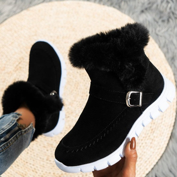 New Snow Boots Winter Warm Thickened Solid Color Plush Ankle Boots With Buckle Design Plus Velvet Flat Shoes For Women Pi-Mart