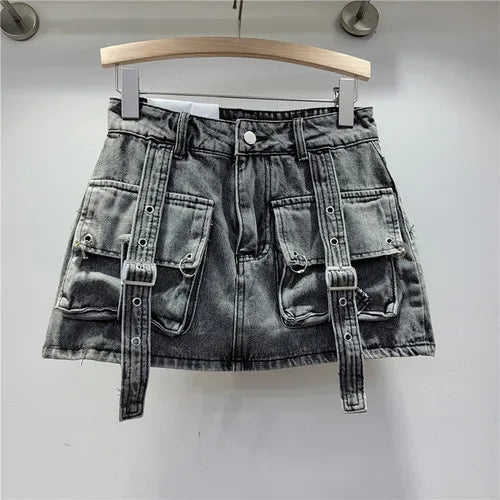 Retro Pink Large Pocket Denim Suit Spring Summer Sleeveless Short Vest High Waist Hip Wrapped Skirt 2 Pieces Sets Women Outfits Purplish Diva