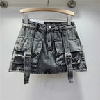 Retro Pink Large Pocket Denim Suit Spring Summer Sleeveless Short Vest High Waist Hip Wrapped Skirt 2 Pieces Sets Women Outfits Purplish Diva