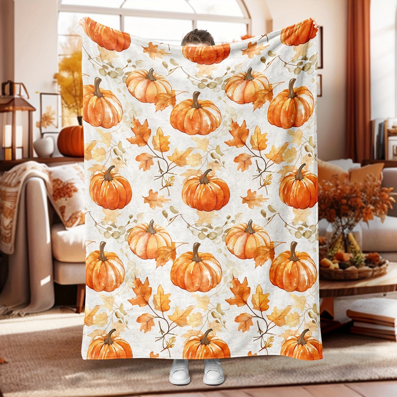 Cozy Flannel Thanksgiving Blanket - Rustic Pumpkin & Maple Leaf Design, Soft Orange Throw for Sofa, Bedroom, Camping - Perfect Fall Decor Gift Lootquake LLC