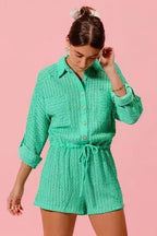 SO ME Textured Knit Button Front Romper