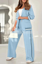 Women Suit Jacket 2 Piece Sets Striped Blazer Coat Turn Down Collar Single Breasted Wide Leg Pants Ensemble Office Lady Outfits Purplish Diva