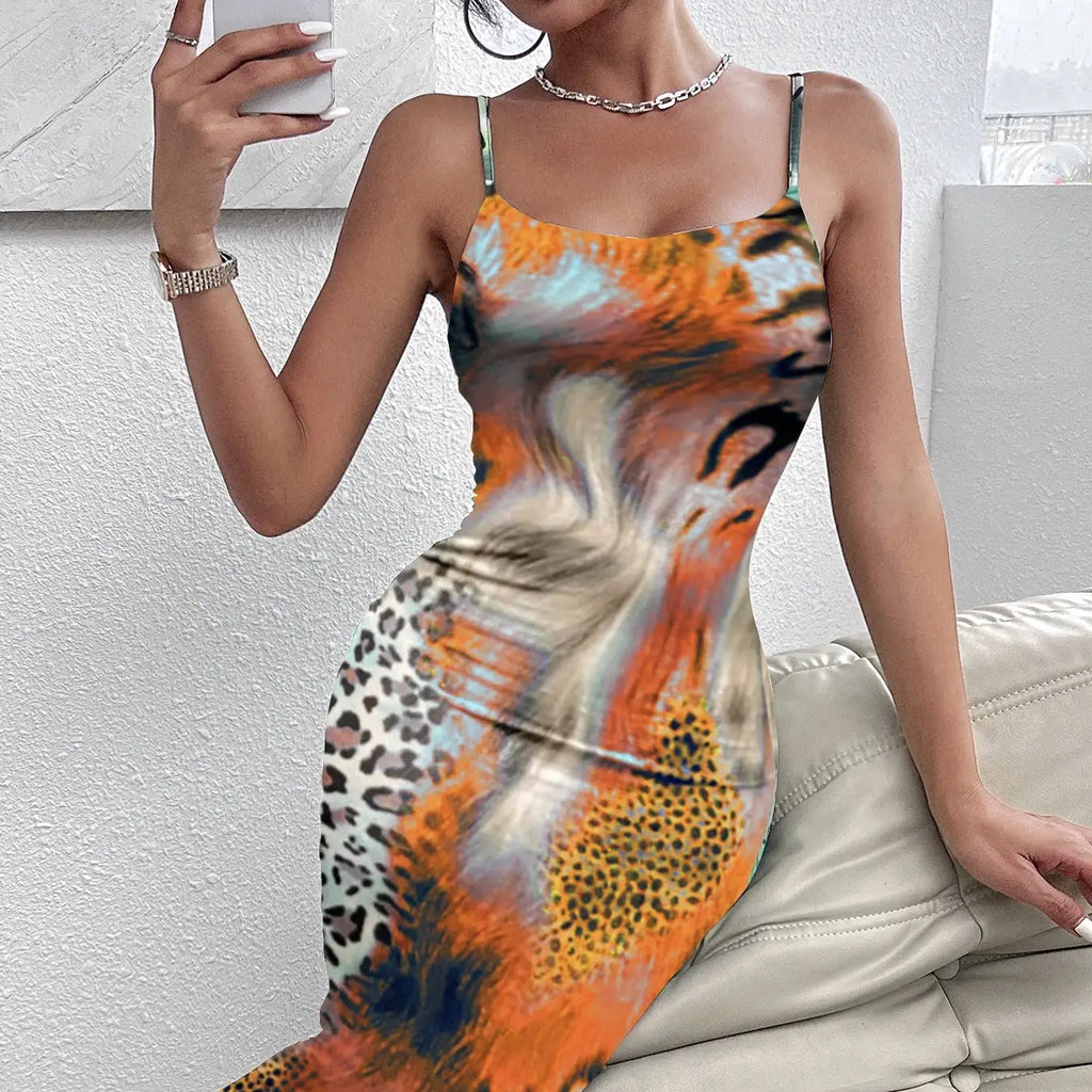 Ladies' Leopard Print Elegant Slimming Vacation Style Suspender Sexy Off Shoulder Dress - SJB-DIAMOND ELITES