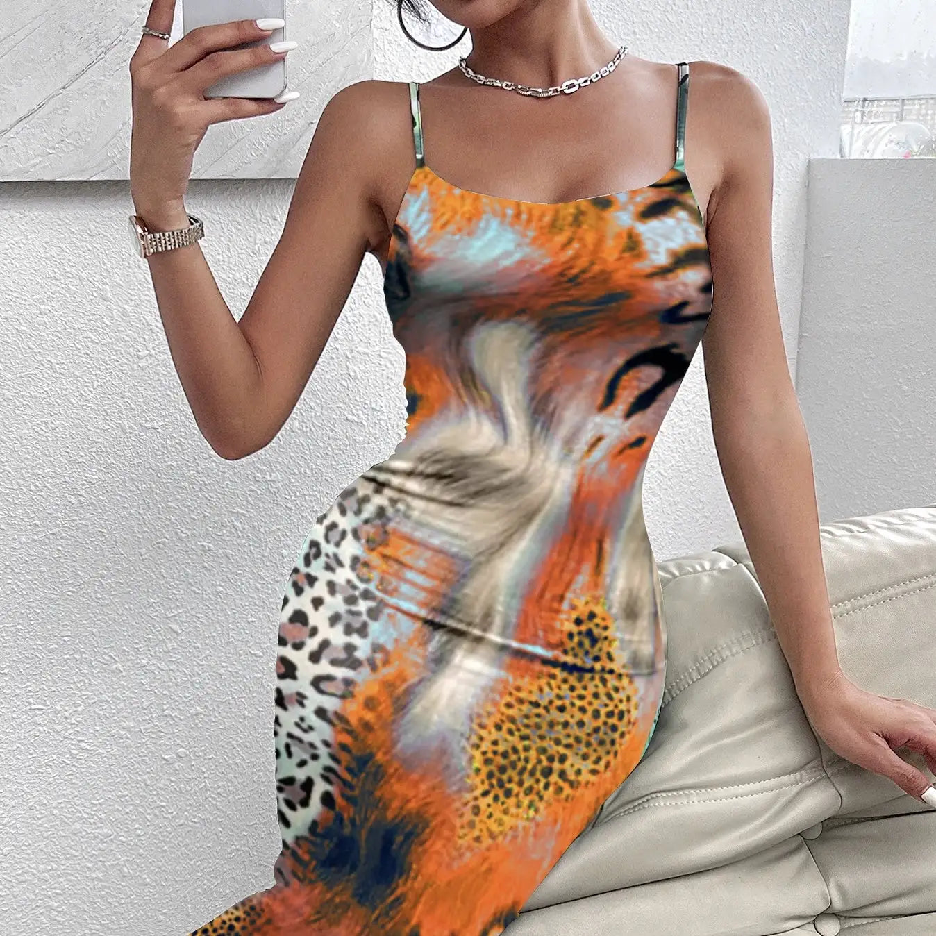 Ladies' Leopard Print Elegant Slimming Vacation Style Suspender Sexy Off Shoulder Dress - SJB-DIAMOND ELITES