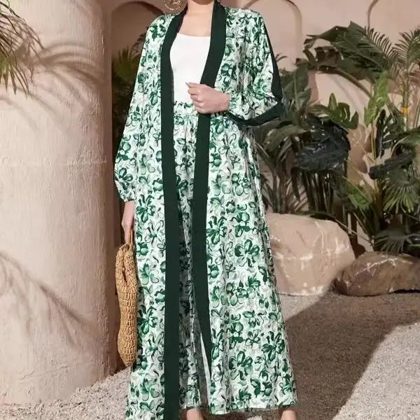 Two Piece Set Of Women's Contrasting Color Trimmed Floral Print Cardigan Jacket And Casual Loose Pants - SJB-DIAMOND ELITES