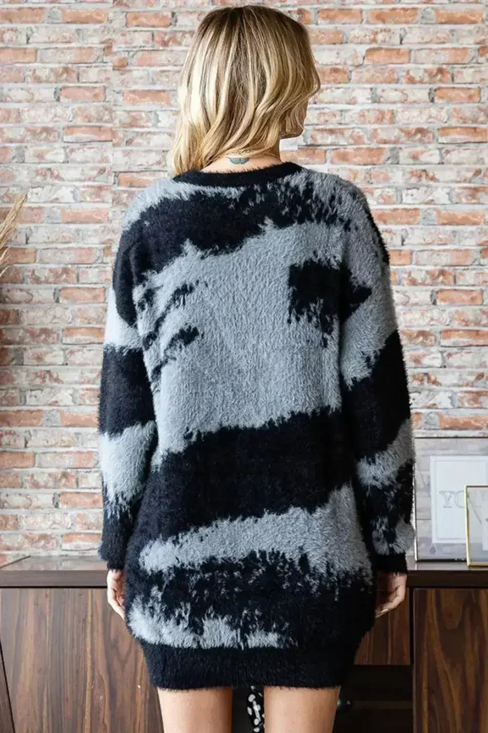First Love Full Size Abstract Pattern Contrast Feather Yarn Sweater - SJB-DIAMOND ELITES