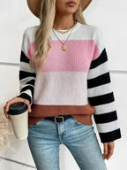 Color Block Round Neck Long Sleeve Sweater - SJB-DIAMOND ELITES