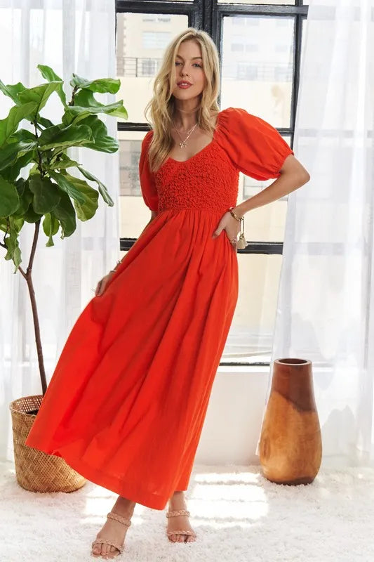 Popcorn Smocked Puff Sleeve Dress For Women – Textured, Elegant, Fluttering, Feminine, Stylish, Trendy For Special Occasions Stevvex
