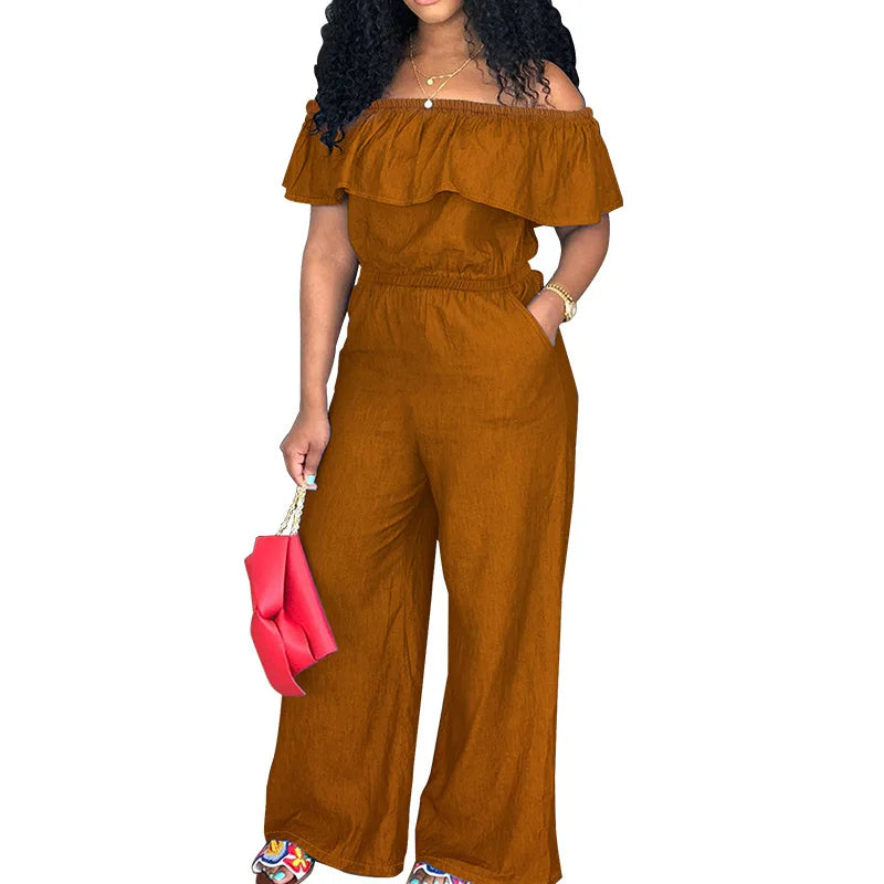 218298 Plus Size Women's Clothing 2025 Autumn New Item No Wash Denim Shawl Jumpsuit Factory Purplish Diva