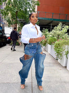 Hollow Elastic Women Demin Jeans High Waist Pockets Causal Vintage Bottoms Female Fashion Y2K Streetwear Clothing Purplish Diva