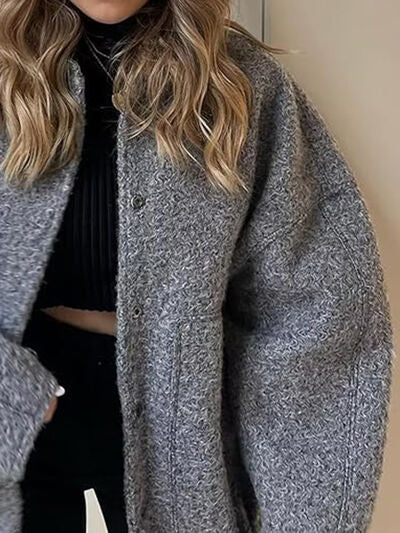 Autumn Casual Full Size Drop Shoulder Snap Down Jacket with Buttoned Front and Pockets Stevvex