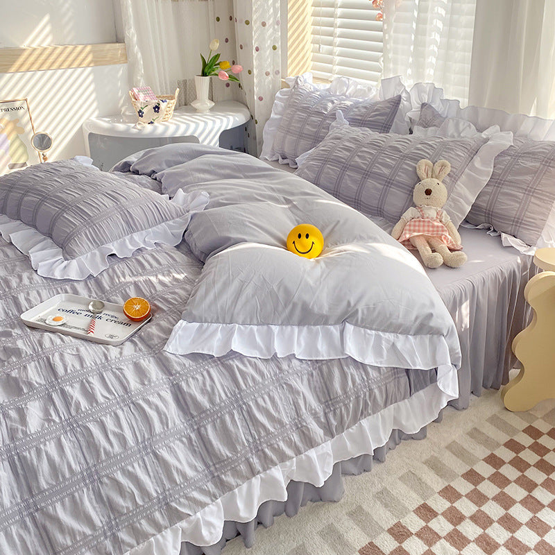 Solid Color Four-piece Quilt Cover Bed Skirt Bedding Set Pi-Mart