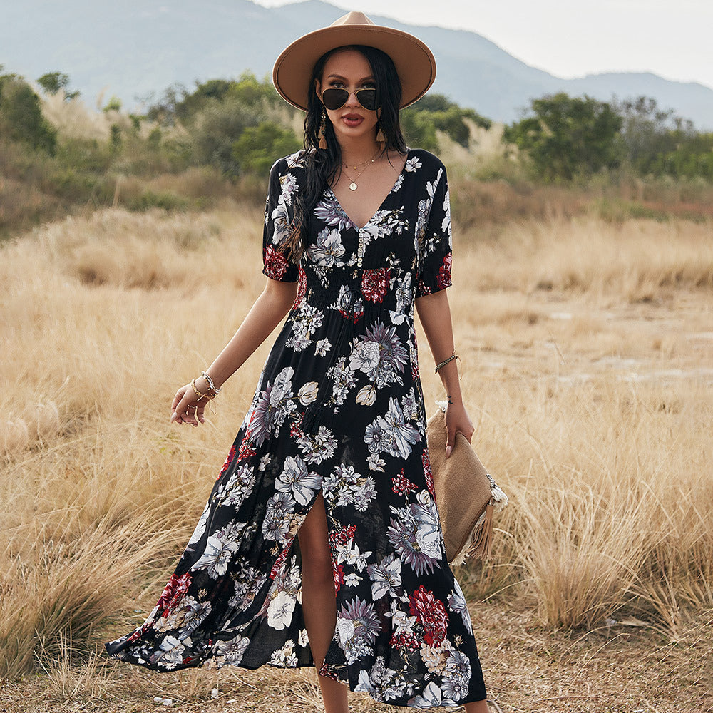 Floral Summer Beach Dress With V Neck Elastic Waist Dresses For Women Pi-Mart