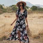 Floral Summer Beach Dress With V Neck Elastic Waist Dresses For Women Pi-Mart