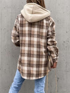 Vintage Retro Style Women Camel Plaid Button Up Jacket with Removable Hood Classic & Cozy Everyday Wear Stevvex