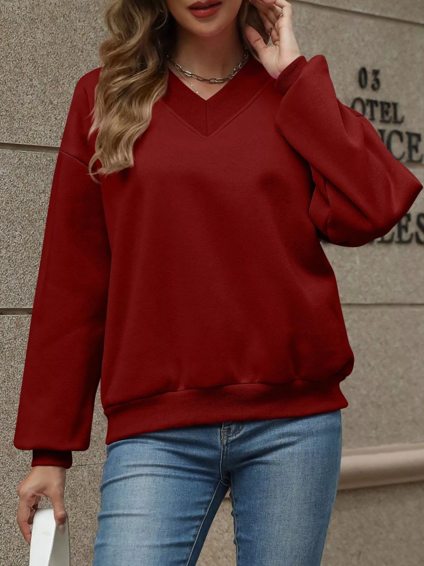 V-Neck Solid Color Casual Sweatshirt THRIXINE
