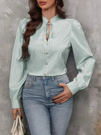 Striped Tie Neck Long Sleeve Blouse – Femstylo - SJB-DIAMOND ELITES