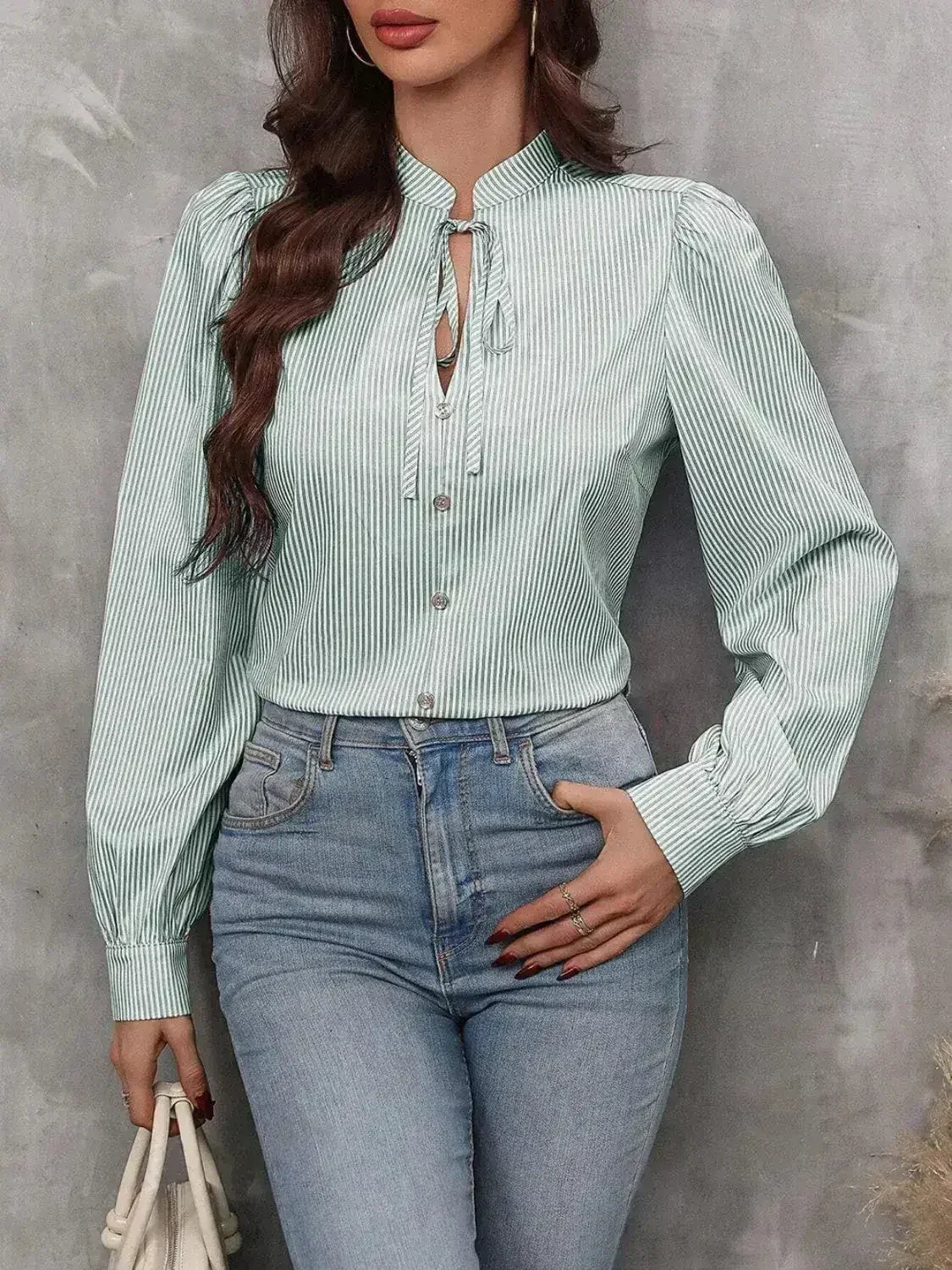 Striped Tie Neck Long Sleeve Blouse – Femstylo - SJB-DIAMOND ELITES
