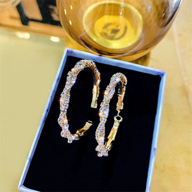 Shiny Screw Crystal Round Hoop Earrings Pi-Mart