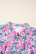 Pink Plus Size Floral Half Button Puff Sleeve A Line Dress