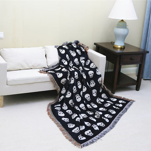 1pc Bohemian Knitted Halloween White Skull Printed Tassel Blanket, Suitable For Leisure Picnic Outdoor Camping Lootquake LLC