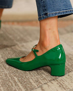 Burgundy bright leather strap square toe shoes for women Pi-Mart