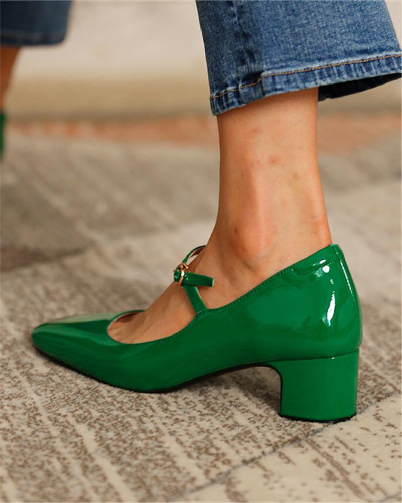 Burgundy bright leather strap square toe shoes for women Pi-Mart