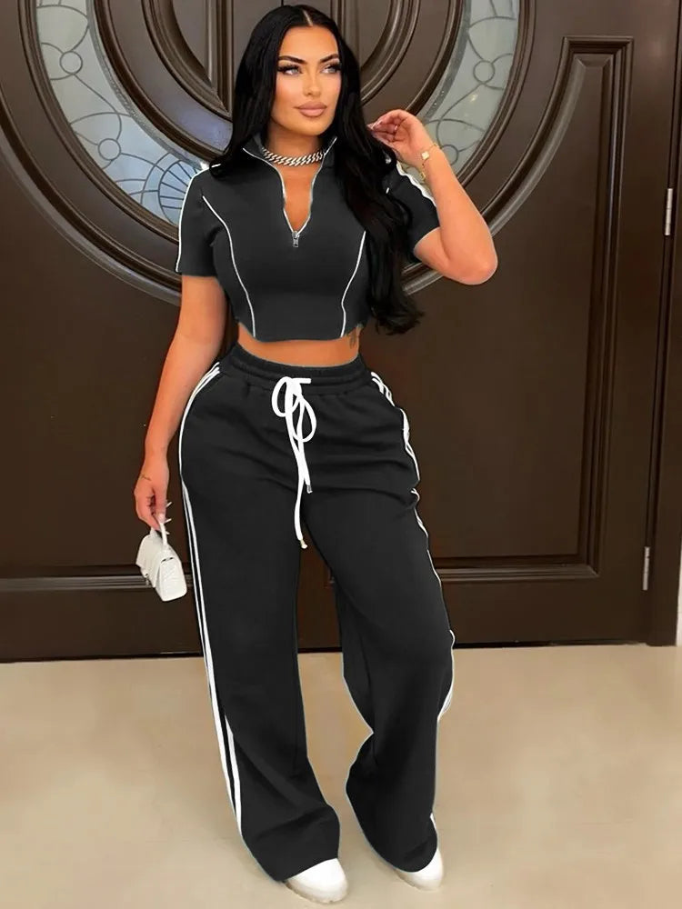Fashion Casual Short Hoodie 2 Piece Women Summer Zipper Top Short Sleeved Sports T Shirt Stripe Splicing Long Pants Female Suit Purplish Diva