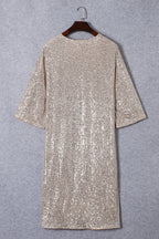 Apricot Sequin 3/4 Sleeve Open Front Duster Cardigan - Femstylo