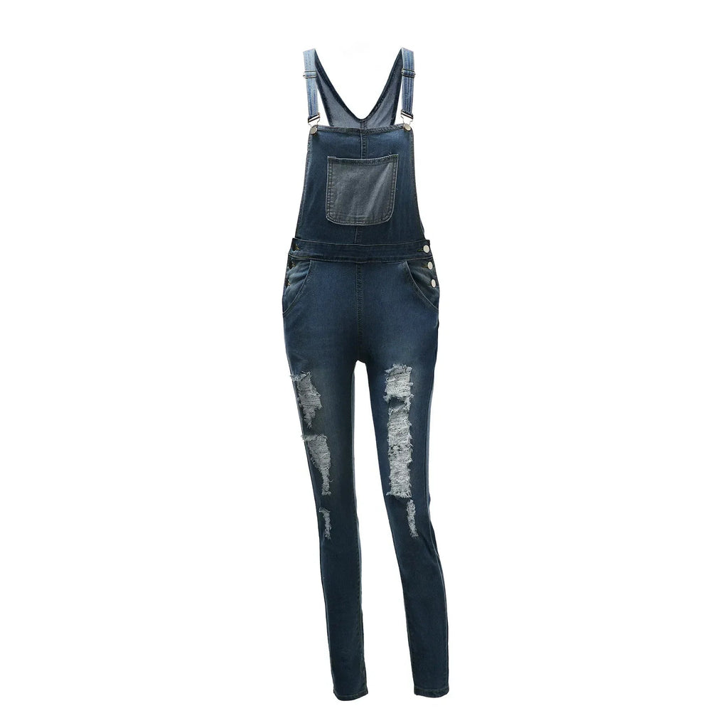 Women Demin Overalls Jumpsuits Jeans Distressed Pencil Pants Denim Holes Pockets Jenas High Street Mid Waist One Piece Slim Fit Purplish Diva