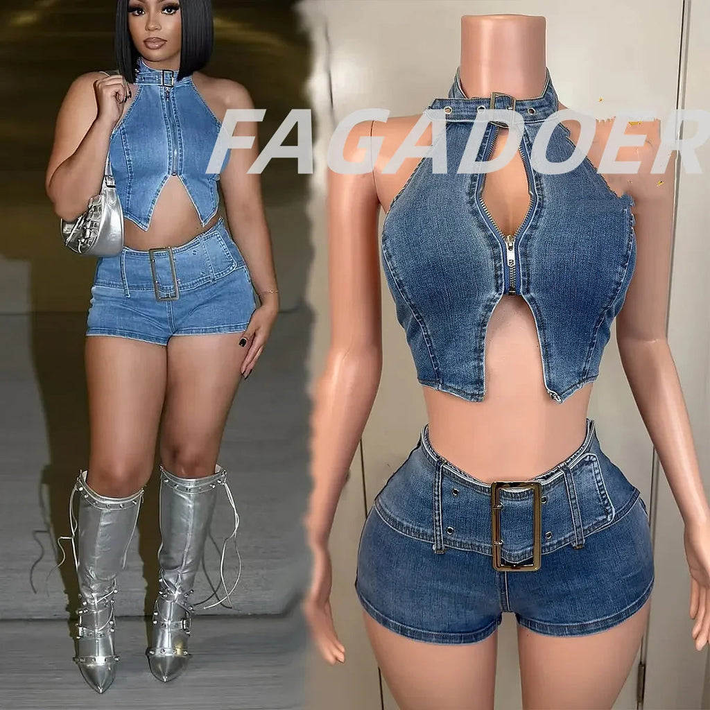 FAGADOER Y2K Sexy Denim 2 Piece Sets Woman Outfit Zipper Sleeveless Backless Halter Crop Top and Shorts Suits Female Streetwear Purplish Diva