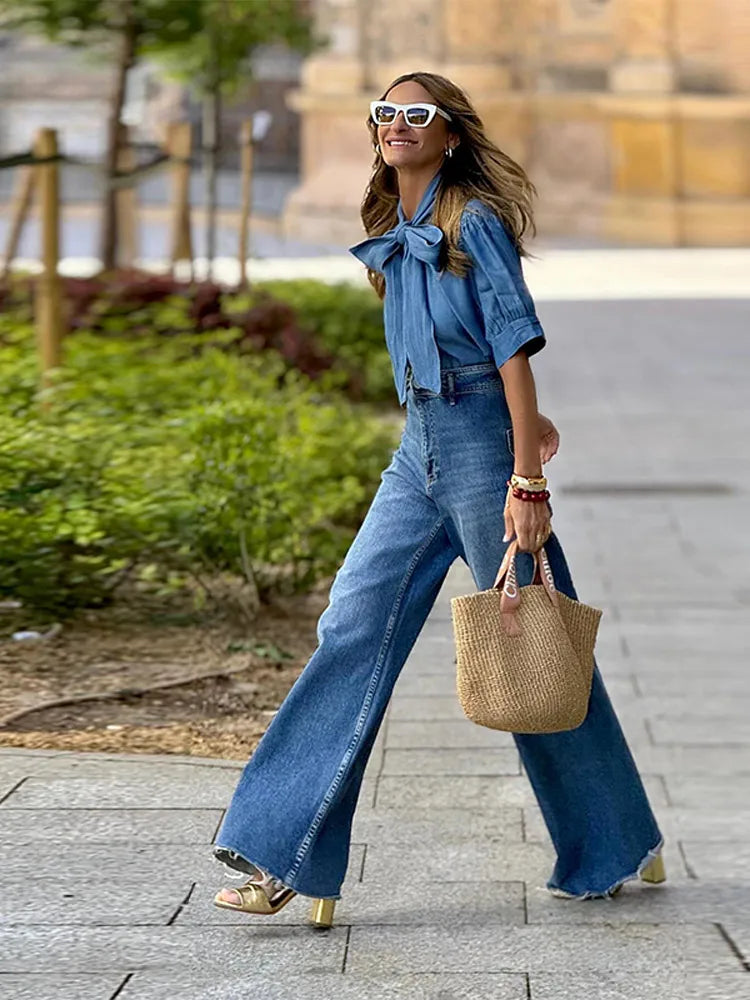 Chic Vintage Bow Lace Women Denim Shirts Pants Sets Baggy Ruff Sleeves Lady Tops Jeans Casual Office Work Elegant Fashion Suits Purplish Diva