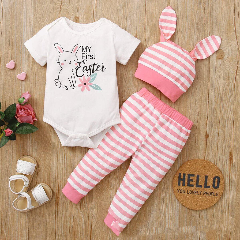 New Easter Print Rabbit Romper Three Piece 2 Colors Pi-Mart