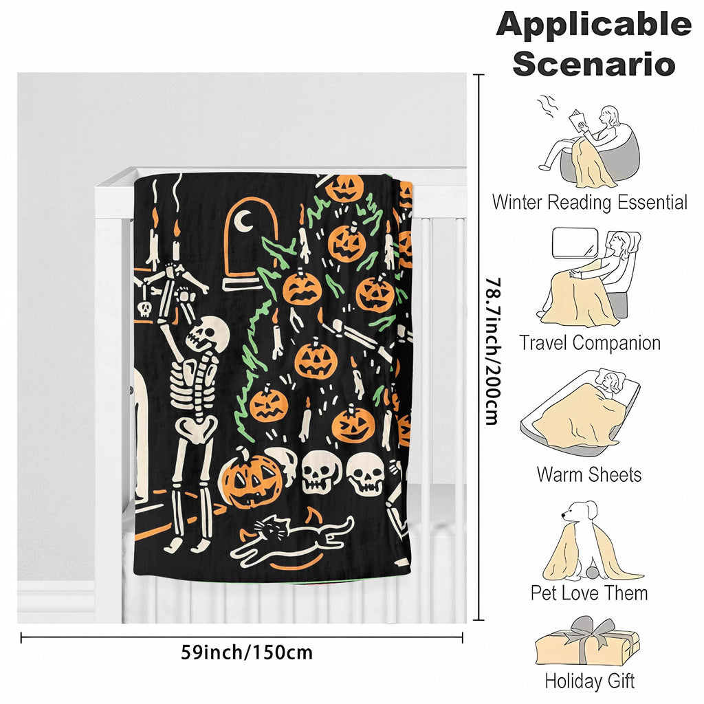 1pc Halloween Blanket Pumpkin Skull Throw Blanket Flannel Fleece Blanket For Women, Men, Fuzzy Plush Lightweight Blanket For Bedroom Couch Sofa Black Lootquake LLC