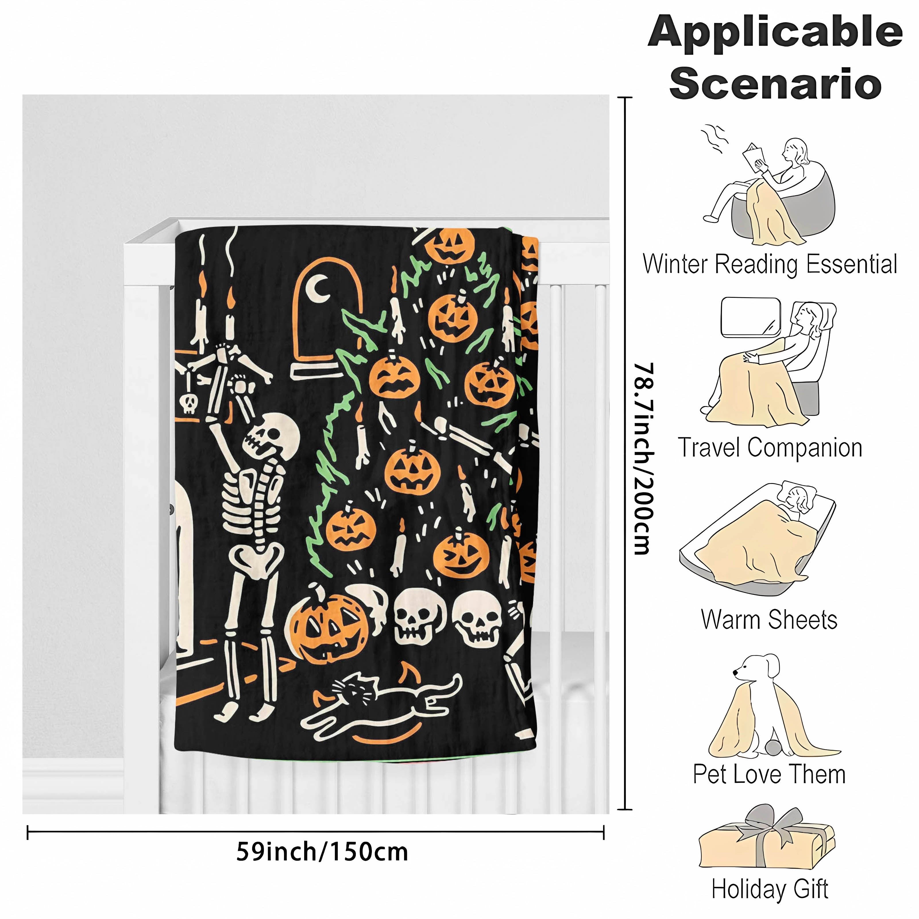 1pc Halloween Blanket Pumpkin Skull Throw Blanket Flannel Fleece Blanket For Women, Men, Fuzzy Plush Lightweight Blanket For Bedroom Couch Sofa Black Lootquake LLC