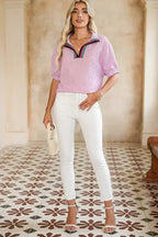 Sachet Pink Striped Dolman Sleeve Color Neckline Blouse | Femstylo