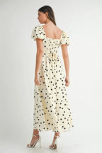 Polka Dot Puff Sleeve Midi Dress For Women – Vintage Fluttering Polka Dot Dress, Feminine Puff Sleeve Dress, Retro Midi Dress, Classic Chic Dress