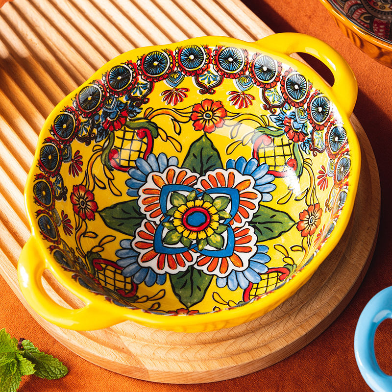 Yellow Green Wave Tree Pattern Flower Hand Painted Underglaze Binaural Ceramic Not Hot Hand Noodle Bowl Pi-Mart